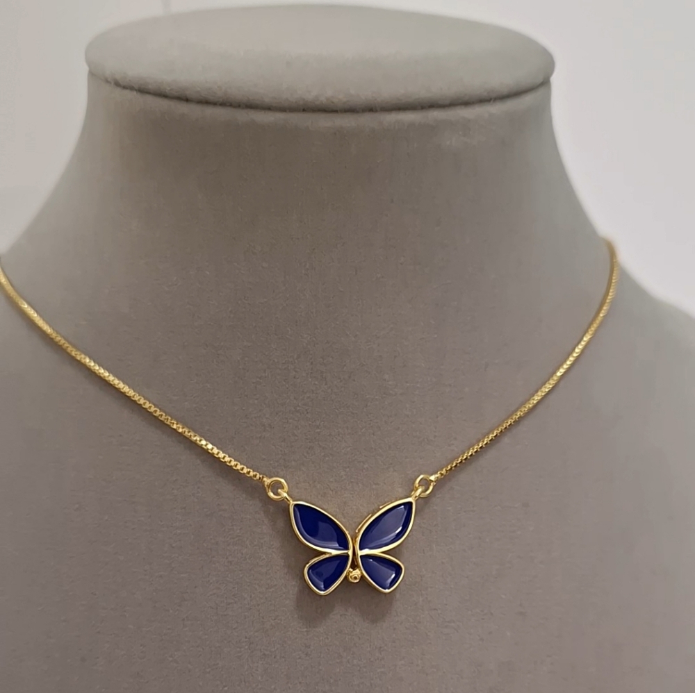 Agate blue enamel magnetic butterfly wings necklace